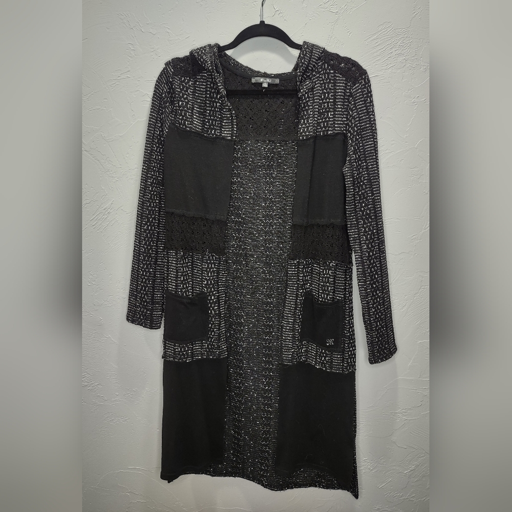 Miss Me Black & Cream Mixed Media Maxi Cardigan Duster Long Hooded Sweater - S